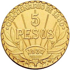 1/4 oz Gold - 5 Peso Gold Uruguay / 8,49 Gramm Brutto mit 0.917 = 7,78 Gramm Gold fein