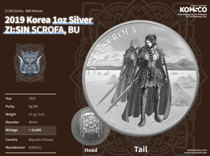 MIX: 10 X 1 oz Silber Korea Zi:Sin, Tiger oder Chiwoo Cheonwang - Auf jeden Fall 1 X 1 oz Silber Südkorea 2019 Scrofa Ghost max 10.000 im Paket