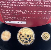 1.35 oz Gold Proof Perth Mint 2013 : Three Coin Set Snake - COA Nummer 3 inkl. Box - 1 oz + 1/4 oz + 1/10 oz Proof