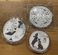 3 Stück: Je 1 X 150 Gramm Silber Panda 2023 in Box + COA + 5 oz Silber Perth Mint Hase 2023 + 5 oz Silber Aztec Empire 2te Ausgabe ( inkl. 19% Mwst )