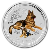2 oz Silber Lunar Dog / Hund colored / farbig  in Kapsel ( diff.besteuert nach §25a UStG )