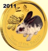20 X 1/20 oz Gold Lunar II Hase 2011 farbig / Color in Kapsel - 1 Rolle