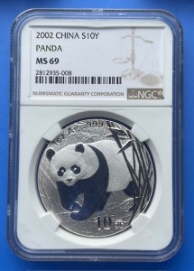 1 oz MS69 NGC Silber China Panda 2002 im Slab