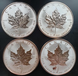 4 x 1 oz Silber Maple Leaf 1999, 2000, 2001, 2003 Privy Mark Hase, Drache, Schlange, Schaf- ggf. leichte Oxidationen (diff. besteuert nach §25a UStG)