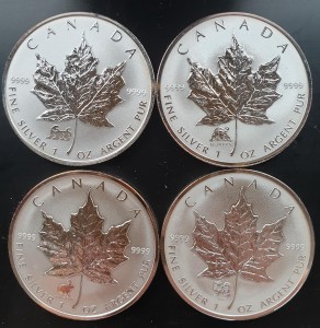 4 x 1 oz Silber Maple Leaf 1998, 1999, 2004, 2006 Privy Mark Tiger, Hase, Affe, Hund - ggf. leichte Oxidationen (diff. besteuert nach §25a UStG)