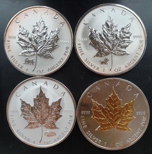 4 x 1 oz Silber Maple Leaf 1998, 2000, 2002, 2006 Privy Mark bzw. gilded - ggf. leichte Oxidationen (diff. besteuert nach §25a UStG)