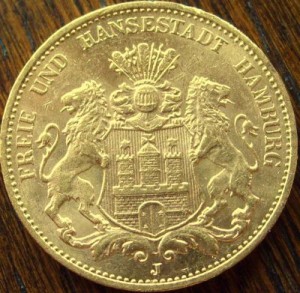 20 Mark Hamburg 1877 - 7,16 Gramm Gold fein ( kleiner Randfehler )