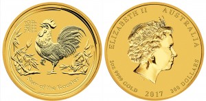2 oz Gold Lunar II Hahn 2017 in Kapsel