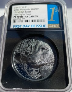 2 oz Black Silber Mongolei Mystic Wolf Ultra High Relief Proof NGC Slab PF70 ( diff.besteuert nach §25a UStG )