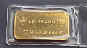 100 Gramm Gold Barren Oskar Schoene  ( in Folie ) für Swiss Bank Cooperation / Vorgänger UBS