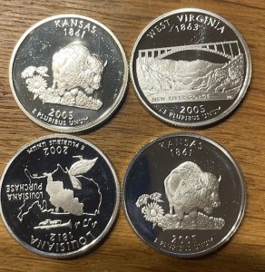 1 US Dollar: 4 X Statehood / ATB Quarters = 0,723 oz Silber fein - 4 Quarters je 5,63 Gramm Silber fein