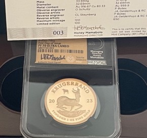 1 oz PF70 im Slab Gold Krügerrand " Buffalo / Büffel " 2023 inkl. max. 100 Stück - entnommen aus einem Big Five Satz - inkl. Leerbox des Satzes aus dem die Unze entnommen ist - COA NUMMER 3 von 100