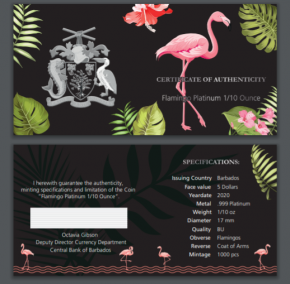 1/10 oz Platin Barbados " Flamingo 2020 " in Kapsel / COA - max 1000 Mintage ( inkl. gesetzl. Mwst )