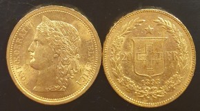 20 SFRS Helvetia / versch. Jahre ( 5,81 Gramm Gold fein )