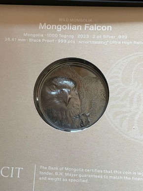 2 oz Black Ultra High Relief Silber Mongolei Falcon / Falke 2023 ( diff.besteuert nach §25a UStG )