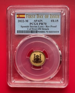 PR70 PCGS im Slab First of 250 Struck - 1/10 oz Gold Spanien / Spain Iberischer Luchs