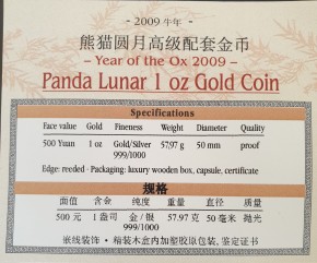1 oz Gold Panda 2009 Bi-Metall ( Gold-Silber ) Lunar Ox incl. Box / COA - max. 1000