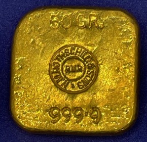 50 Gramm Gold Barren Rothschild - Bild  ( gegossen ) - Gegenstempel mit Gewicht und Feinheit