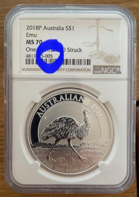 1 oz Silber Perth Mint MS70 Emu 2018 in Slab - NUMMER des SLAB von 003 bis 010 - One of the First 600 ( diff.besteuert nach §25a UStG )